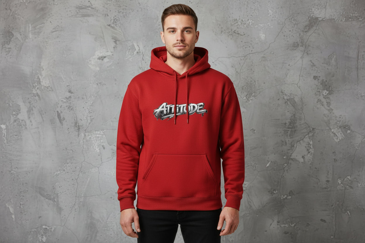 Red unisex hoodie, 100% cotton, heavyweight 300 GSM fleece, regular fit with Attitude graphic on front.