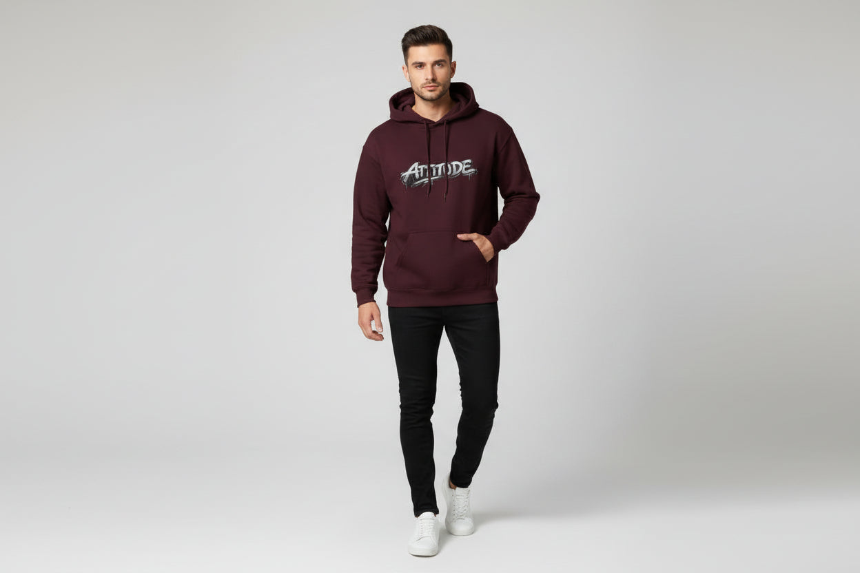 Burgundy unisex hoodie with an 'Altitude' graffiti logo, front kangaroo pocket, heavyweight 300 GSM brushed fleece.