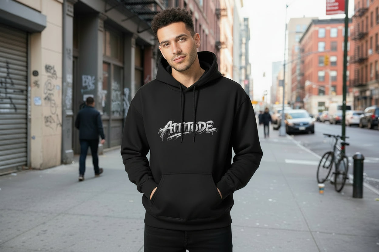 Unisex black hoodie with graffiti-style Altitude logo on chest, 300 GSM brushed fleece, 100% cotton.