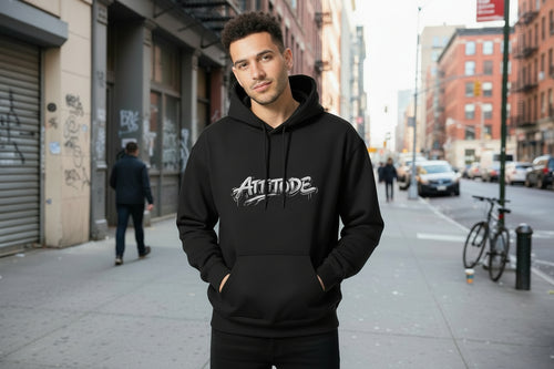 Unisex black hoodie with graffiti-style Altitude logo on chest, 300 GSM brushed fleece, 100% cotton.