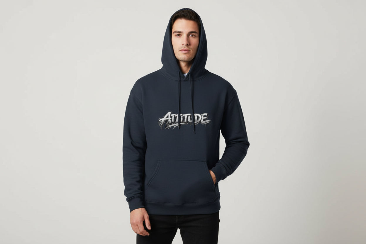 Navy unisex hoodie with 'Altitude' logo on chest, 100% cotton, 300 GSM brushed fleece, heavyweight and cozy.