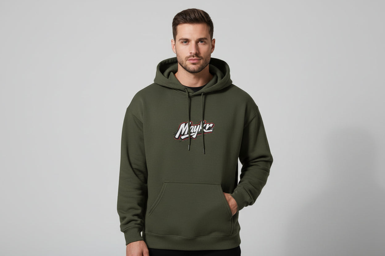 MAYKR Classic Trend Hoodie in olive green, 100% cotton, 300 GSM brushed fleece, unisex regular fit with front pouch.