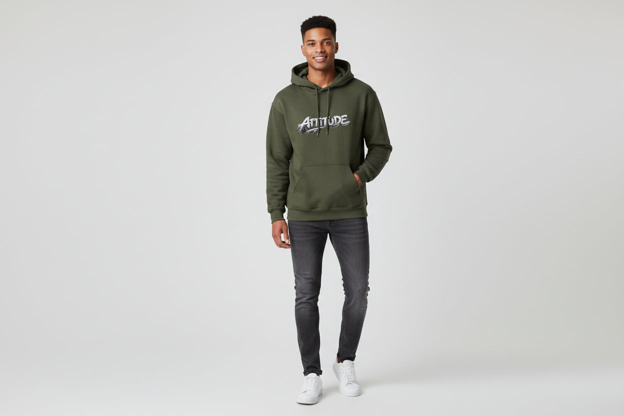 Olive unisex hoodie with ALTITUDE logo on chest, kangaroo pocket, ribbed cuffs/hem; heavyweight 100% cotton fleece.
