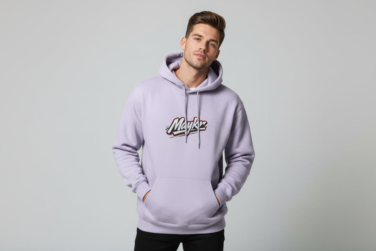 Lavender MAYKR Classic Trend Hoodie on model with front logo, unisex regular fit, 300 GSM fleece.
