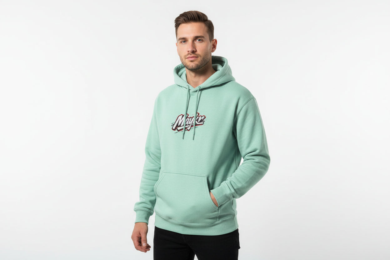 MAYKR Classic Trend Hoodie: heavyweight 100% cotton fleece, unisex regular fit, mint green with front pocket.