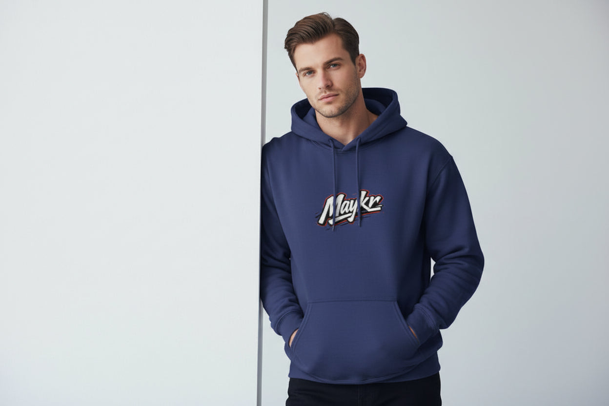 MAYKR Classic Trend Hoodie, navy, 100% cotton, 300 GSM brushed fleece; heavyweight, unisex regular fit, front pocket.